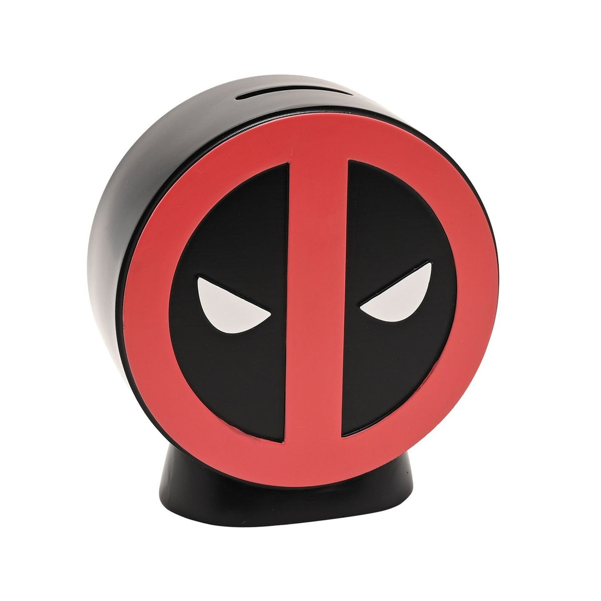 Round resin money box featuring the Deadpool emblem in red and black with white glaring eyes, coin slot on top, set on a curved black stand against a plain background.