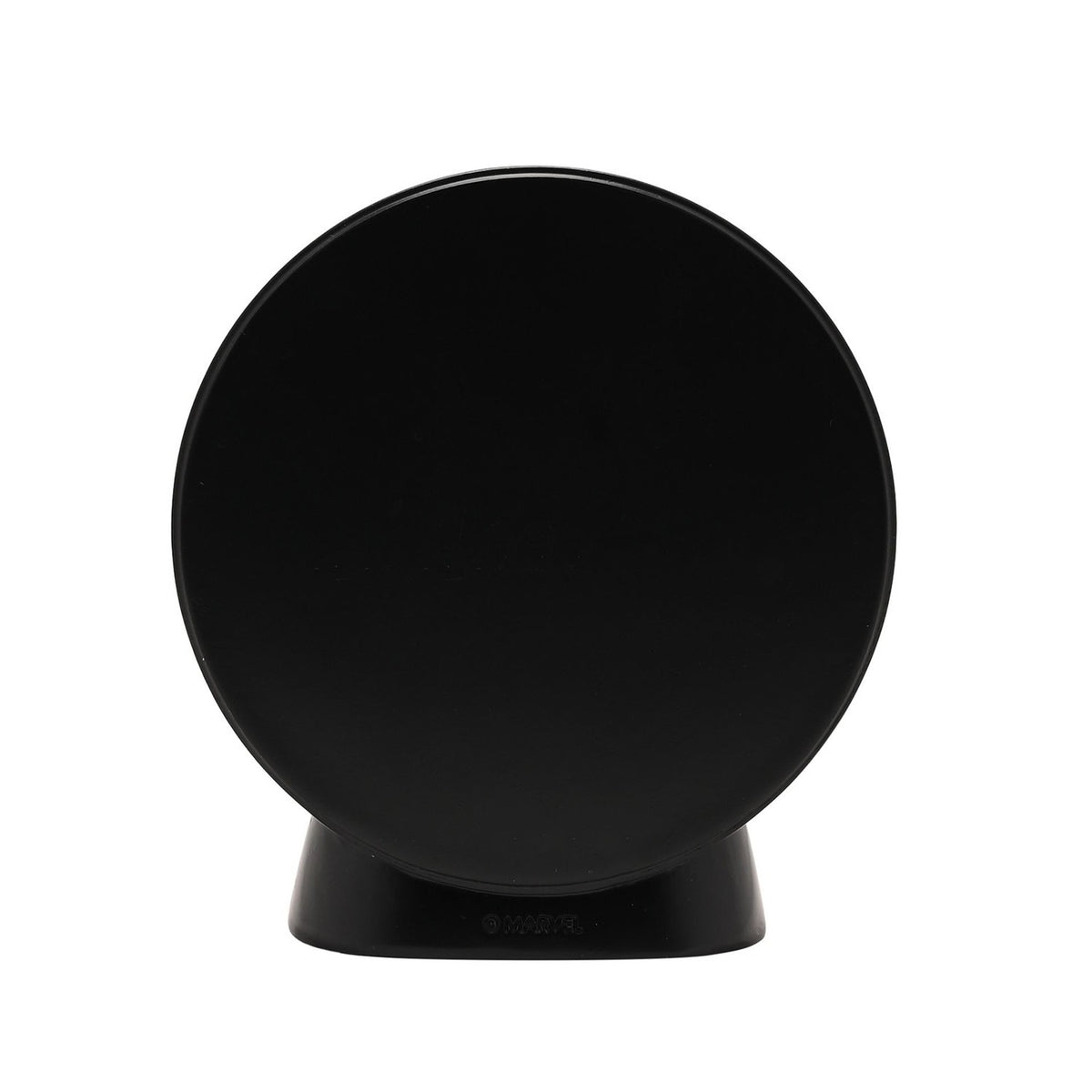 Round Deadpool emblem resin money box, black back shown on curved stand, coin slot along top edge, plain white background.