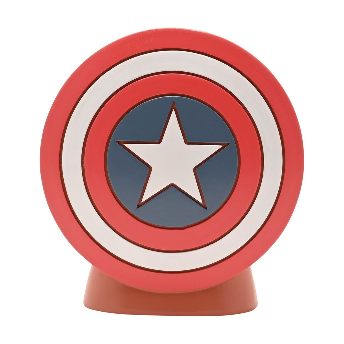 Round resin money box shaped like Captain America's shield, with red and white rings, a blue centre, and a white star, set on a red base against a plain background.