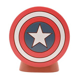 Round resin money box shaped like Captain America's shield, with red and white rings, a blue centre, and a white star, set on a red base against a plain background.