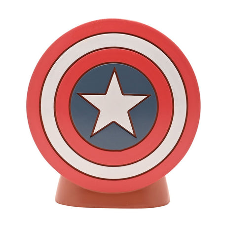 Round resin money box shaped like Captain America's shield, with red and white rings, a blue centre, and a white star, set on a red base against a plain background.