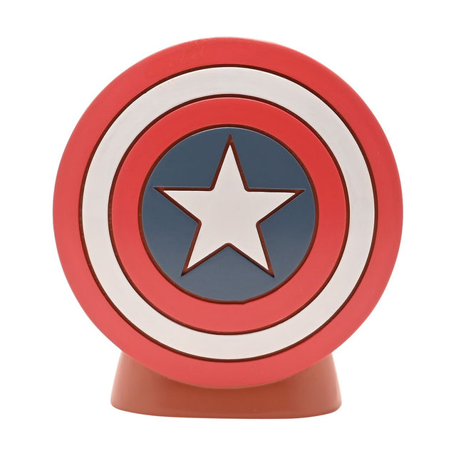 Round resin money box shaped like Captain America's shield, with red and white rings, a blue centre, and a white star, set on a red base against a plain background.