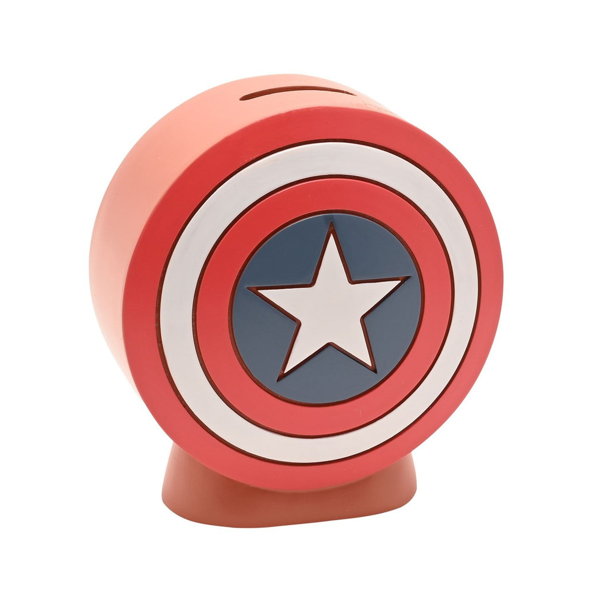 Round resin money box shaped like Captain America's shield, with red and white rings, blue centre and white star, coin slot on top, shown on a plain white background.