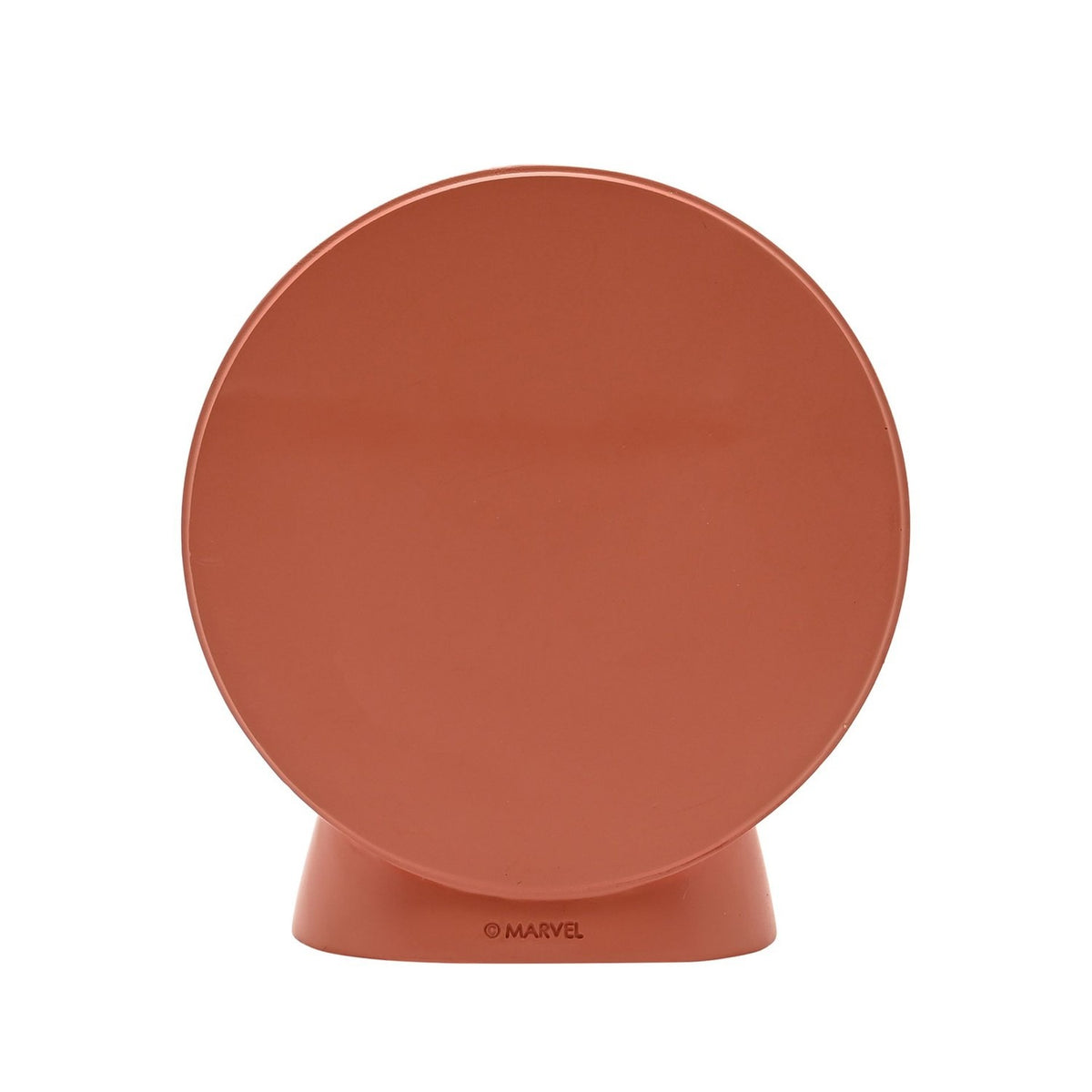 Round resin money box in plain terracotta red, Captain America shield-shaped with a flat disc on a tapered base, Marvel branding on the stand, shown against a white background.