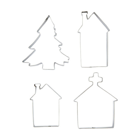 Set of four silver iron cookie cutters on a white background: a tiered Christmas tree, a tall house with chimney, a smaller house with chimney, and a church topped with a cross.