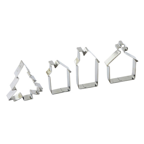 Set of four silver iron cookie cutters on a white background, shaped as a jagged Christmas tree, two houses with chimneys, and a church topped with a cross.
