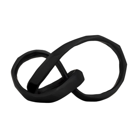Nabunturan Sculpture in matt black aluminium, a faceted knot of flat looped bands with a hand-worked texture, shown on a plain white background.