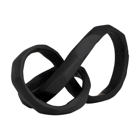 Nabunturan Sculpture in matt black aluminium, a faceted knot of flat looped bands with a subtle hand-worked texture, shown on a plain white background.