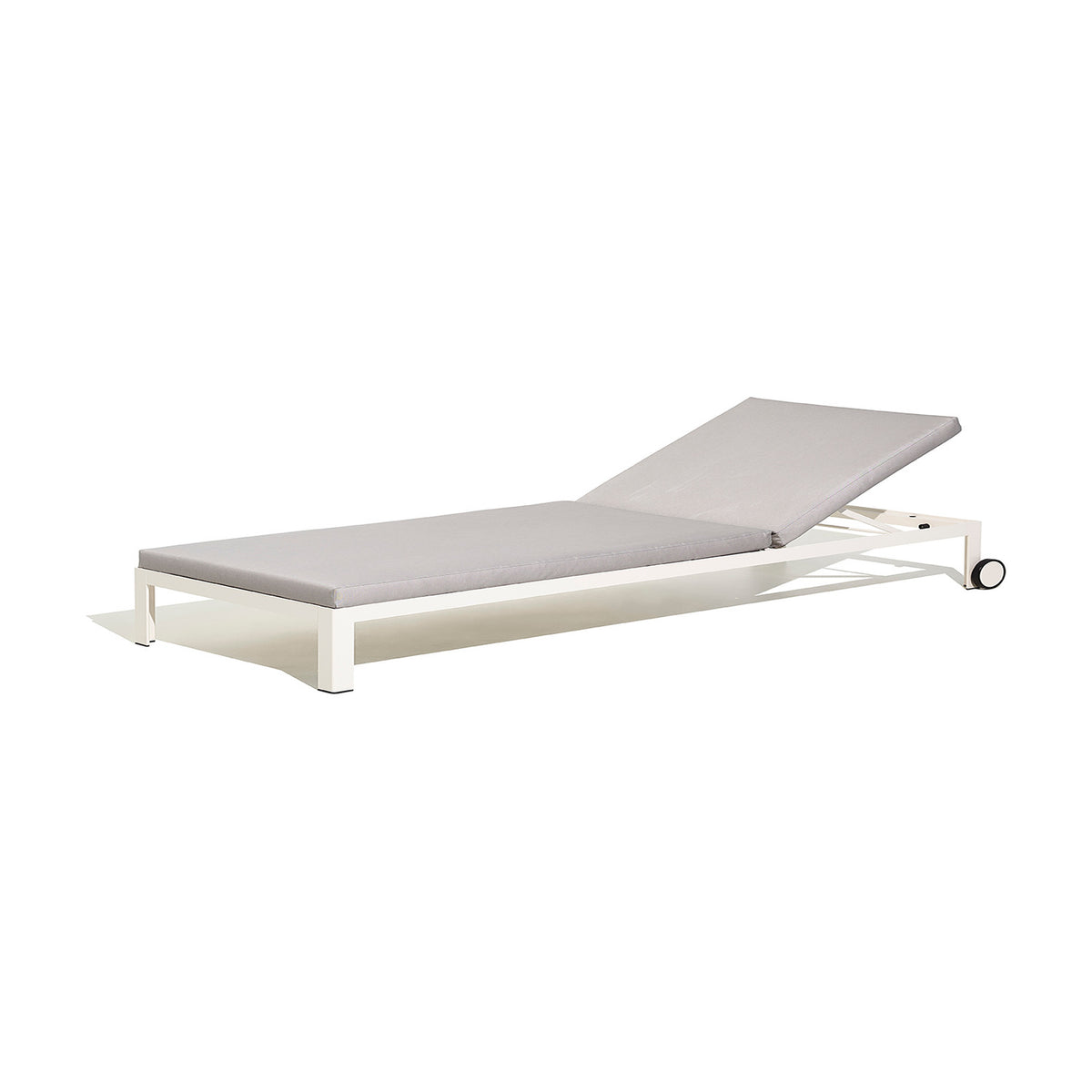 Nak Aluminium Day and Night Sun Lounger with an adjustable backrest, white frame, wheels, and a grey cushion, shown on a plain white background.