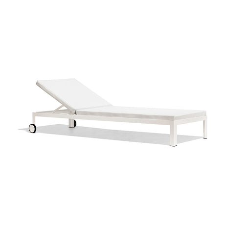 Nak Aluminium Sun Lounger with white cushion and adjustable backrest, slim white frame with wheels, shown on a plain white background.