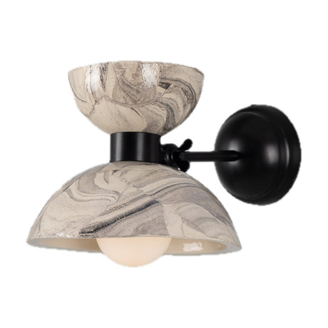 Nakaii Ceramic Wall Light in grey and white marbled finish, with a small bowl atop a wider dome shade, black metal arm and round backplate, exposed globe bulb, shown on a plain white background.