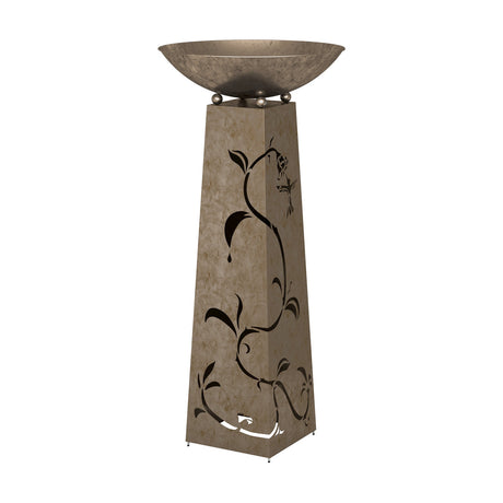 Nakatosa metal plant stand with tapered square column, cut-out vine and hummingbird pattern, topped by a wide shallow bowl on small ball feet, set against a plain white background.