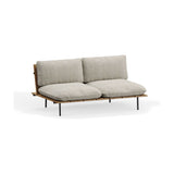Nami 2 Seater Garden Sofa Cushion Set in beige fabric, with rounded seat and back cushions fitted onto a wooden-slatted frame with black metal legs, shown on a plain white background.