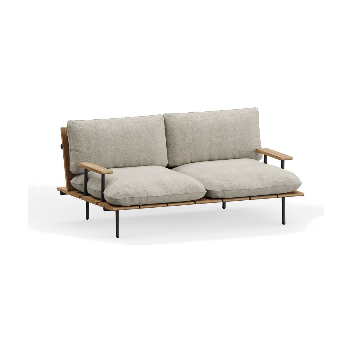Nami 2 Seater Garden Sofa with beige cushion set on a wood-slatted frame, black metal legs, and wooden armrests, shown on a plain white background.