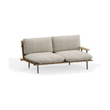 Nami 2 Seater Garden Sofa with beige cushion set, teak-effect frame, one wooden armrest, black metal legs, on a plain white background.