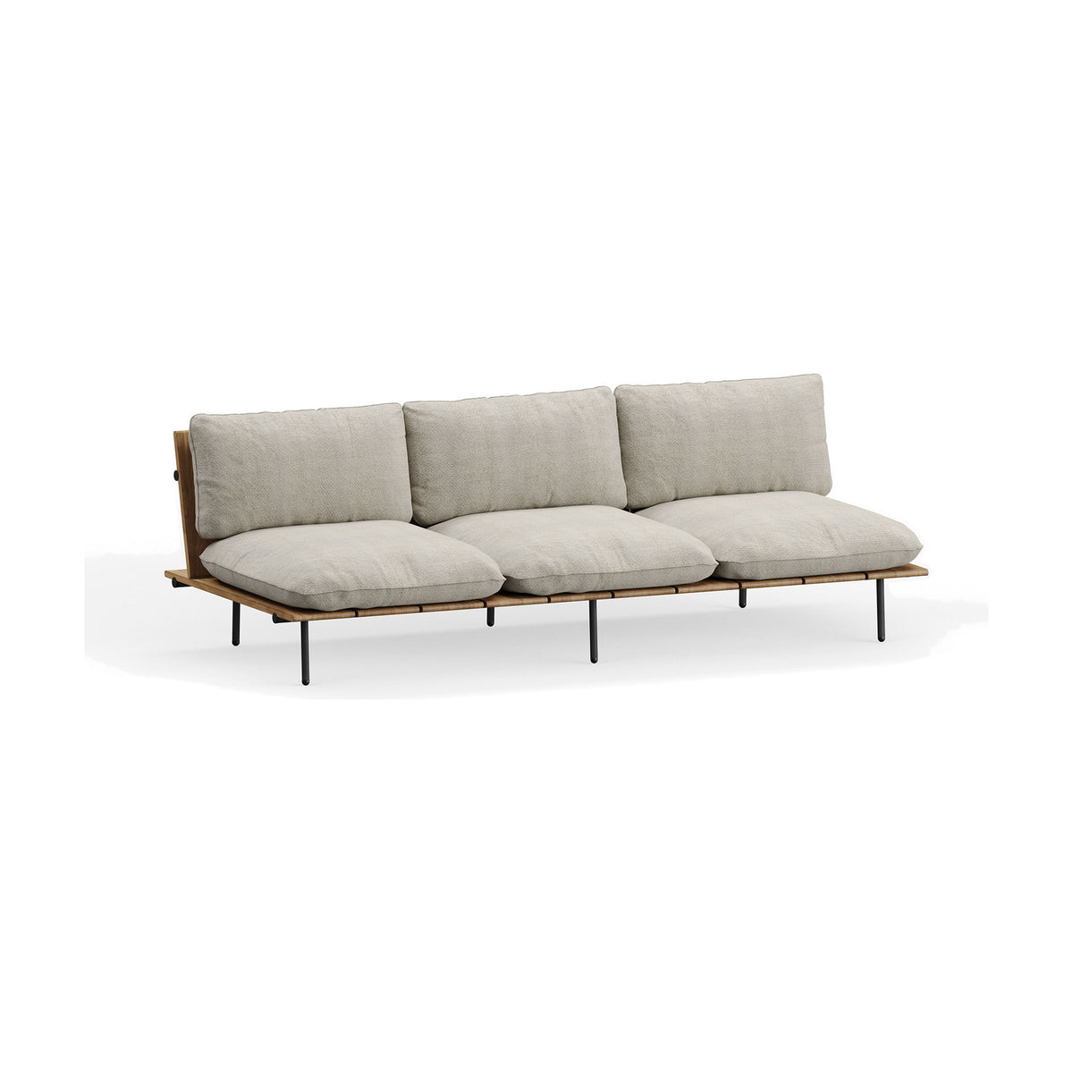 Nami 3 Seater Garden Sofa Cushion Set with beige fabric seat and back cushions fitted on a wooden-slat frame with black metal legs, shown on a plain white background.