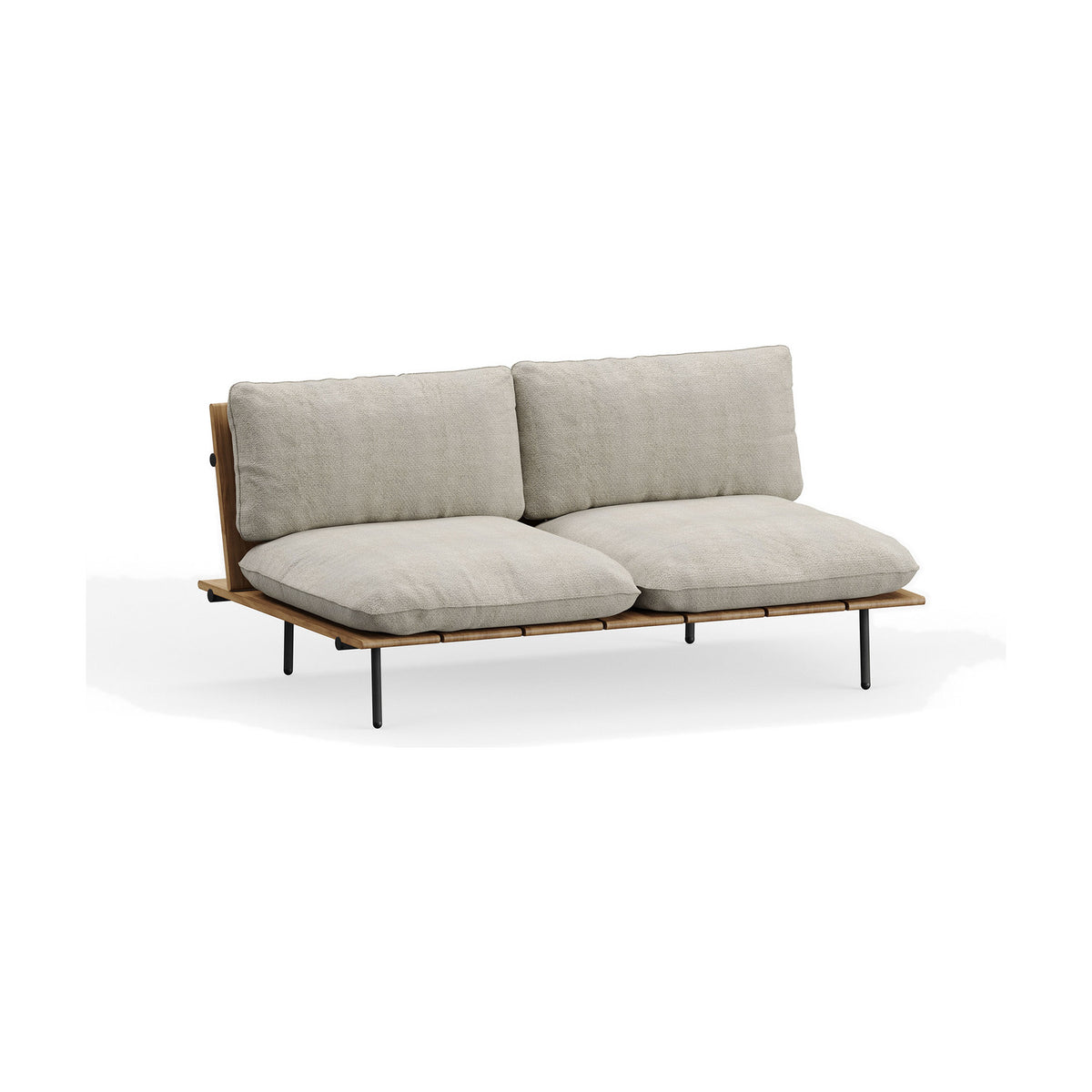 Nami 2 seater garden sofa with iroko wood slatted frame, beige cushions, and slim black metal legs, shown on a plain white background.