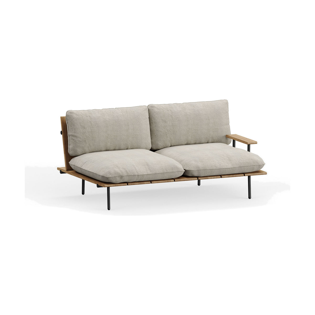 Nami 2 seater garden sofa with iroko wood slat seat and back, beige cushions, one wooden armrest, and a light aluminium frame with slim black legs, on a plain white background.
