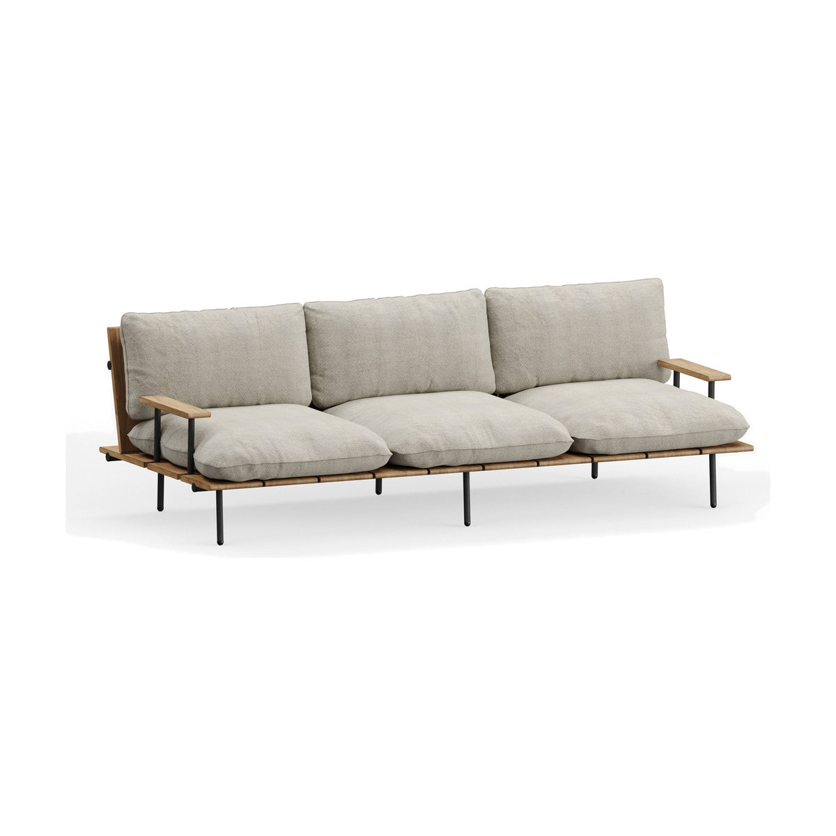Nami three-seater garden sofa with iroko wood slatted seat and back, black metal legs, and beige cushions, shown on a plain white background.