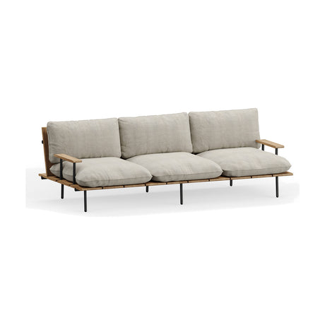 Nami three-seater garden sofa with iroko wood slatted seat and back, black metal legs, and beige cushions, shown on a plain white background.