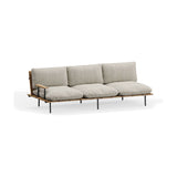 Nami 3 seater garden sofa with iroko slatted seat and back, beige cushions, slim black metal legs, shown on a plain white background.
