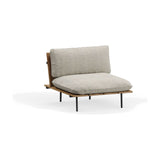 Nami garden armchair with aluminium frame and slatted iroko wood base, dressed with a beige cushioned seat and backrest, shown on a plain white background.