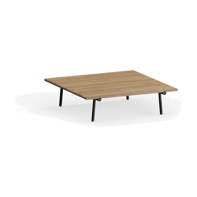 Nami square outdoor coffee table, 96 x 96cm, with iroko wood slatted top and slim anthracite aluminium legs, shown on a plain white background.