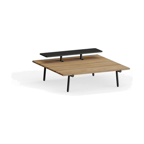 Nami two-tier square outdoor coffee table with iroko wood slat top and raised anthracite aluminium shelf on slim black legs, shown on a white background.