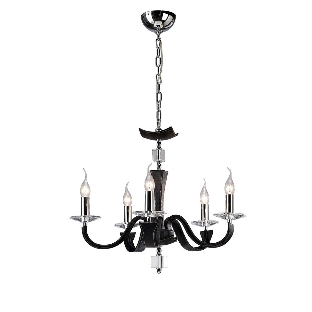 Nardini 60cm 5 Light Crystal Chandelier - Chrome & Black Faux Leather