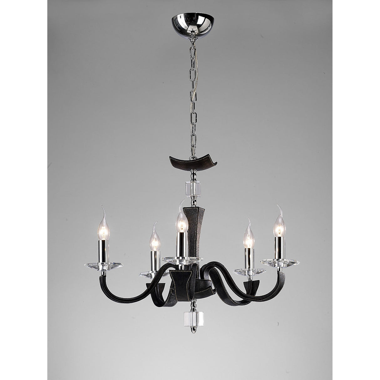 Nardini 60cm 5 Light Crystal Chandelier - Chrome & Black Faux Leather