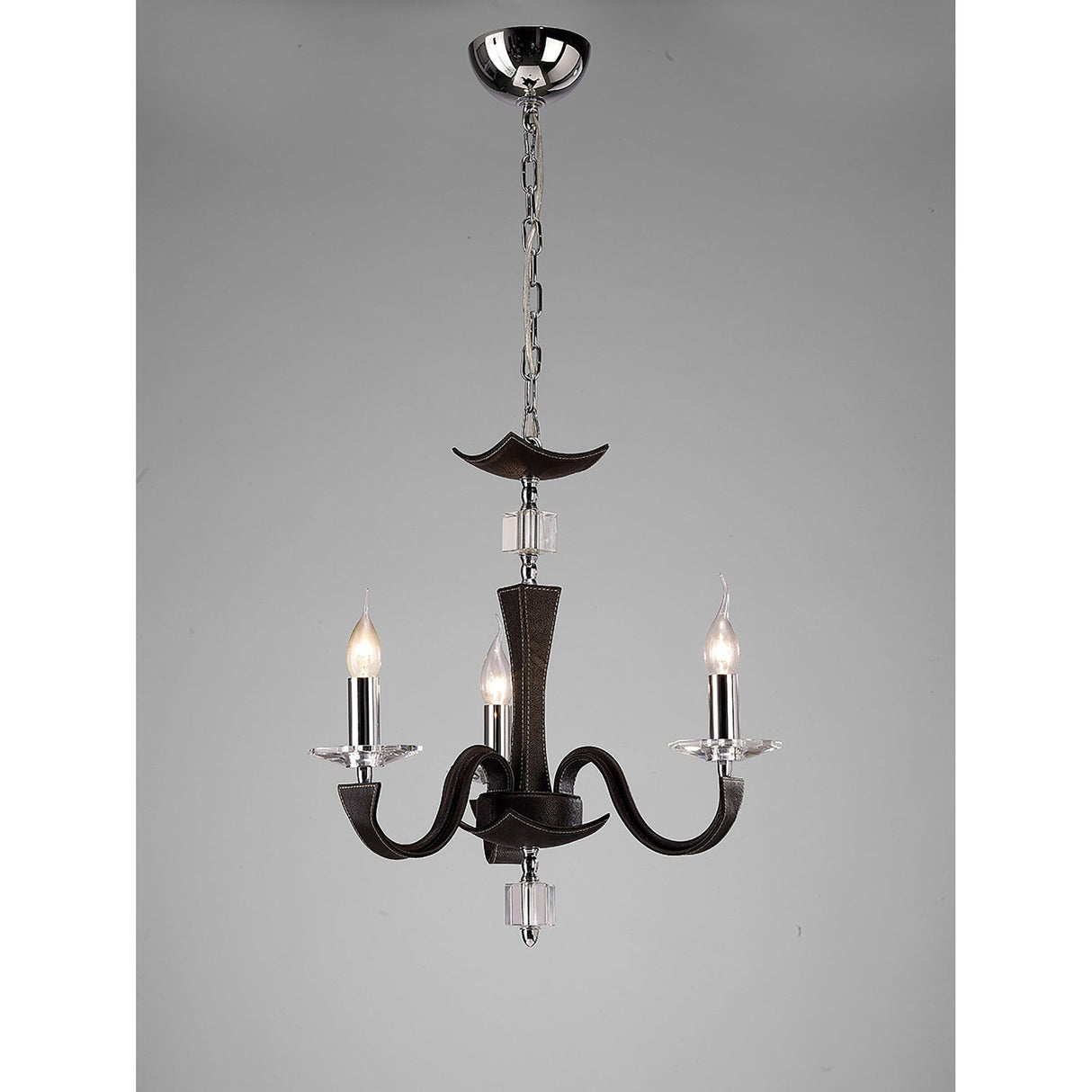 Nardini 50cm 3 Light Crystal Chandelier - Chrome & Brown Faux Leather