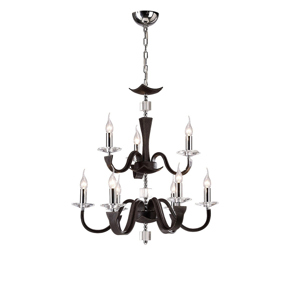 Nardini 2 Tier 9 Light Crystal Chandelier - Chrome & Brown Faux Leather