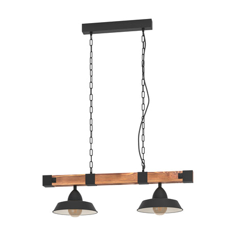 Narmessa 2 Light Pendant featuring a rustic brown wooden beam with black steel brackets, suspended on black chains with two black dome shades, on a plain white background.