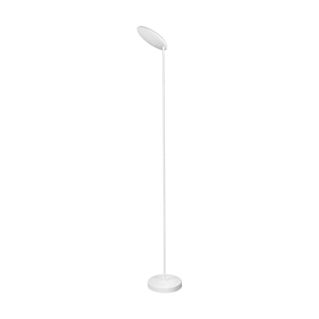The Nassau Dimmable LED Floor Lamp 30W 3000K - White features a slim, straight pole, round flat base, and an oval-shaped head angled downward for modern, stylish illumination.