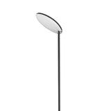 The Nassau Dimmable LED Floor Lamp 30W 3000K - Black features a minimalist black stand with a flat, round white shade angled upward. Sleek and modern, this LED lamp offers adjustable lighting against a plain white background.