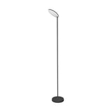 The Nassau Dimmable LED Floor Lamp 30W 3000K - Black features a sleek, slim black pole with a round base and an angled circular lampshade, offering modern style with adjustable brightness.