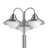 Nasvanne 3-light outdoor floor lamp in stainless steel with curved arms, metal hoods, and opal glass globes, shown close-up on a white background.