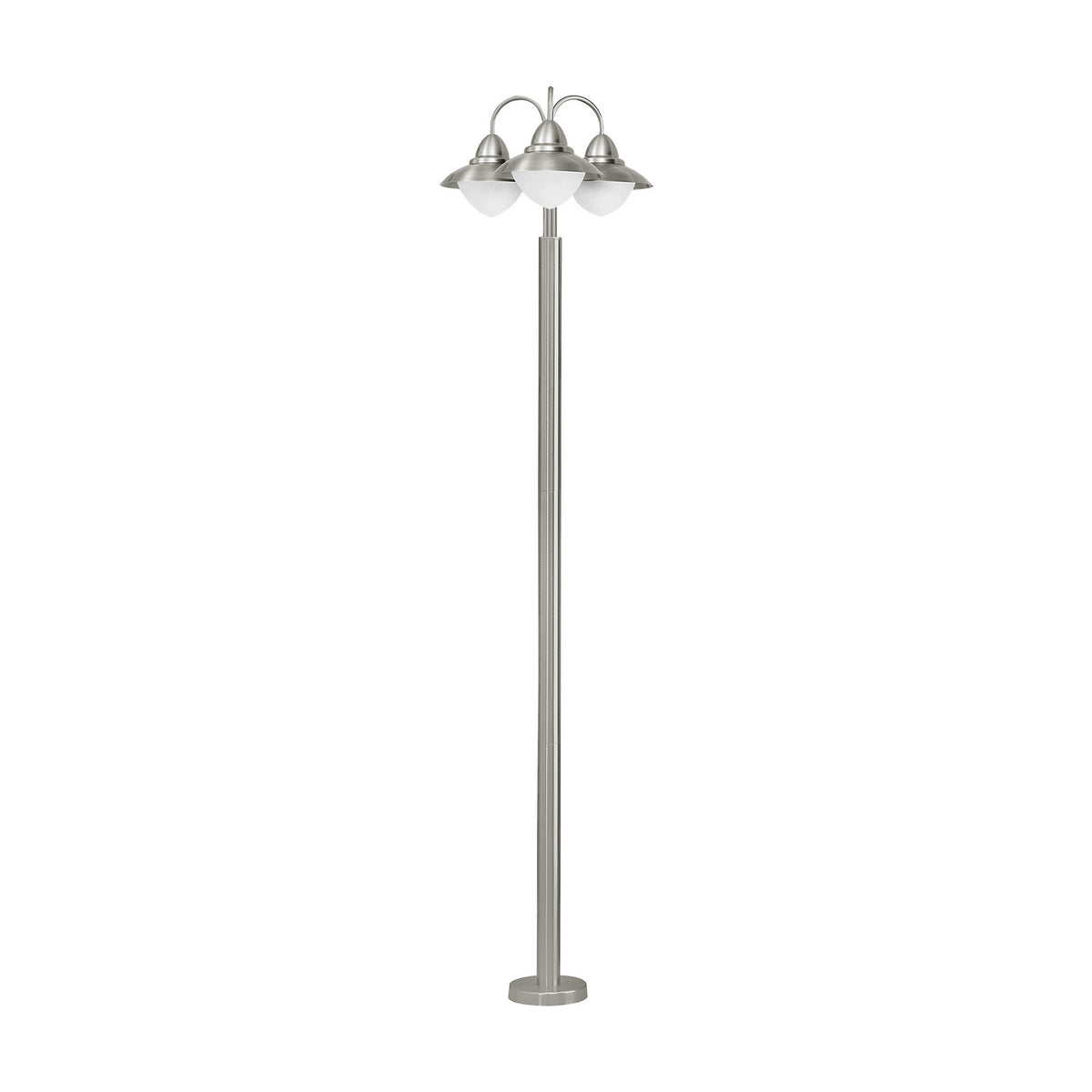 Nasvanne outdoor floor lamp in stainless steel, tall slim column on a round base with three curved arms, each with a metal hood over an opal glass globe, on a plain white background.