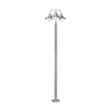 Nasvanne outdoor floor lamp in stainless steel, tall slim column on a round base with three curved arms, each with a metal hood over an opal glass globe, on a plain white background.