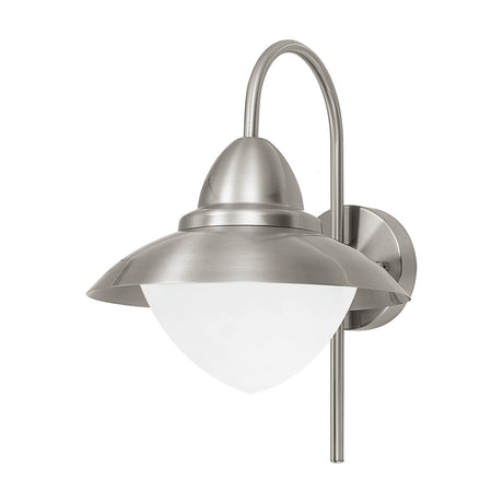 Nasvanne outdoor wall light in stainless steel with a swan-neck arm, wide brimmed shade, and white opal glass diffuser, shown on a plain white background.