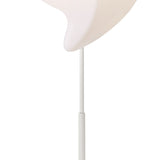 A close-up of the Natura 2 Light Outdoor Floor Lamp in Matt White/Opal White, featuring a sculptural curved lampshade and slender pole, casting ambient light against a plain background.
