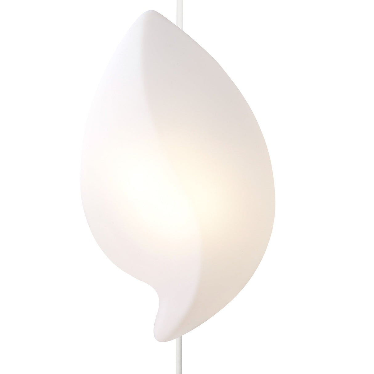 The Natura 2 Light Outdoor Floor Lamp in matt white and opal white features a smooth, abstract lampshade resembling a curved leaf or flame, softly illuminating your space with beautiful ambient light.