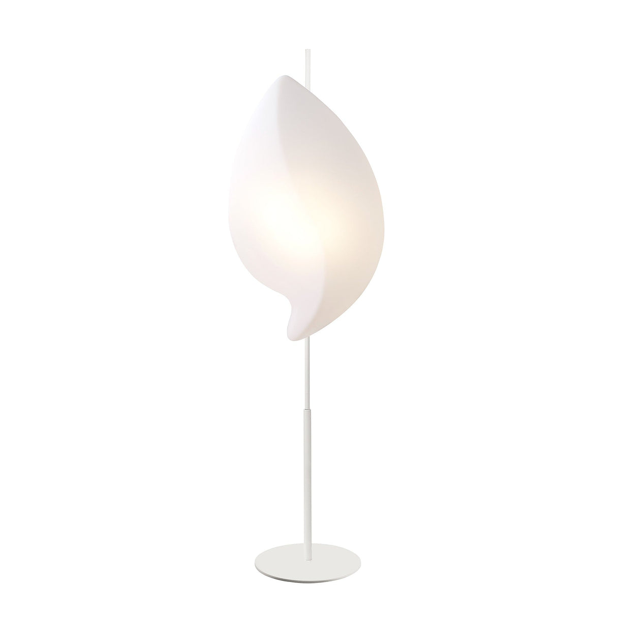 The Natura 2 Light Outdoor Floor Lamp in Matt White/Opal White features an abstract, leaf-shaped shade on a slender white pole and round base, perfect for creating ambient lighting in any outdoor space.