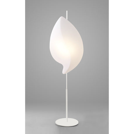 The Natura 2 Light Outdoor Floor Lamp features a matt white finish with an opal white, leaf-shaped shade on a slim pole and round base, providing ambient lighting against a plain gray background.