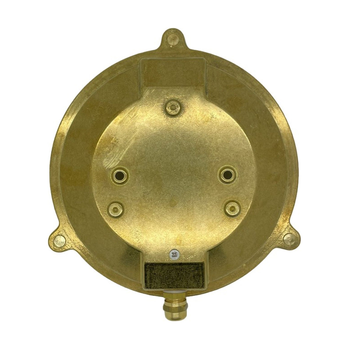 Rear view of the Small Cabin Round Bulkhead Light in raw brass, showing the solid base plate with mounting lugs, screw fixings, and cable gland, IP64 rated.