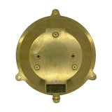 Rear view of the Small Cabin Round Bulkhead Light in raw brass, showing the solid base plate with mounting lugs, screw fixings, and cable gland, IP64 rated.