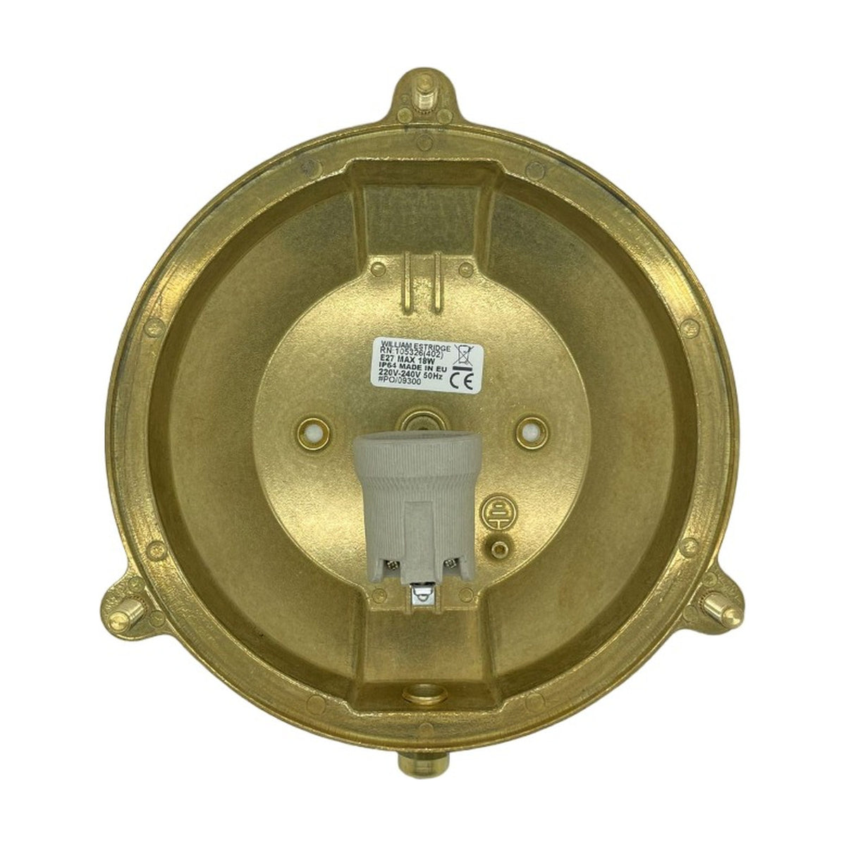 Rear view of the Small Cabin Round Bulkhead Light in raw brass, showing the open housing with E27 ceramic lamp holder, wiring terminals, mounting lugs, and IP64 rating label.