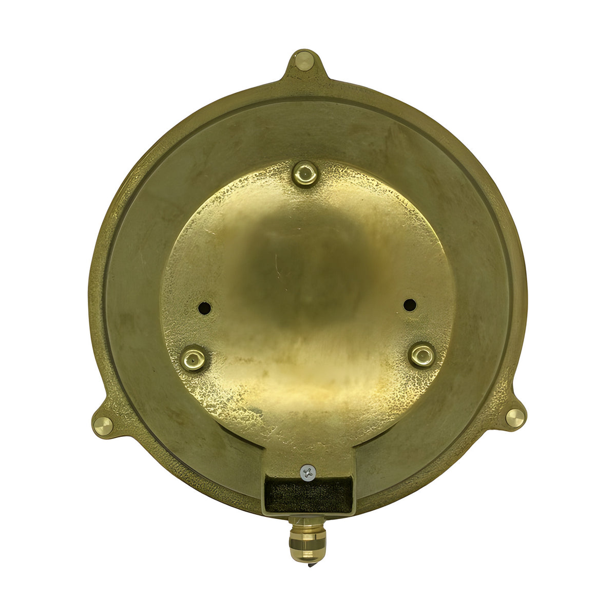 Rear view of the Grand Cabin round bulkhead light in raw brass, showing the solid brass back plate with mounting screws, cable gland, and three fixing lugs on a plain white background.