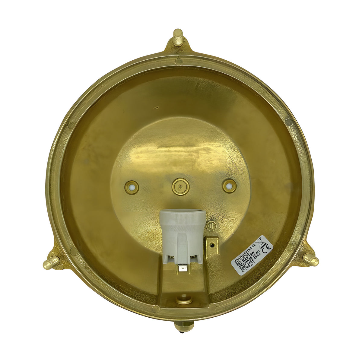 Rear view of the Grand Cabin Round Bulkhead Light in raw brass, showing the E27 bulb holder, mounting lugs and wiring terminals inside the open housing on a white background.