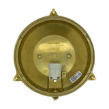 Rear view of the Grand Cabin Round Bulkhead Light in raw brass, showing the E27 bulb holder, mounting lugs and wiring terminals inside the open housing on a white background.